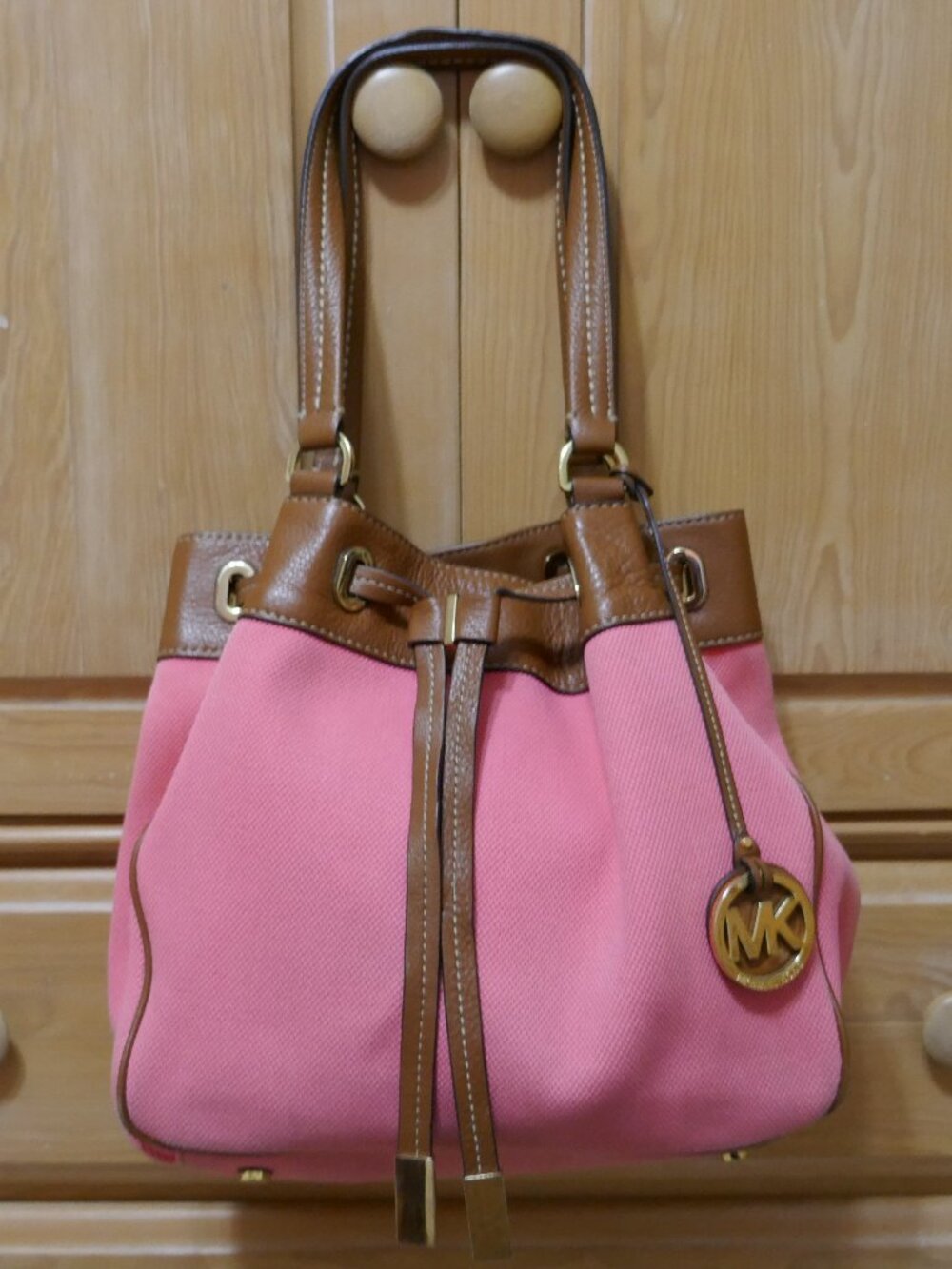 Michael Kors Brown Leather Trim and Coral Canvas Drawstring Bucket Bag